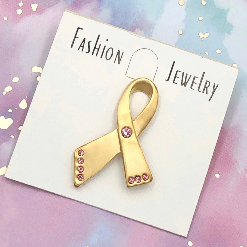 🍀 Gold Tone Pink Ribbon Breast Cancer Brooch